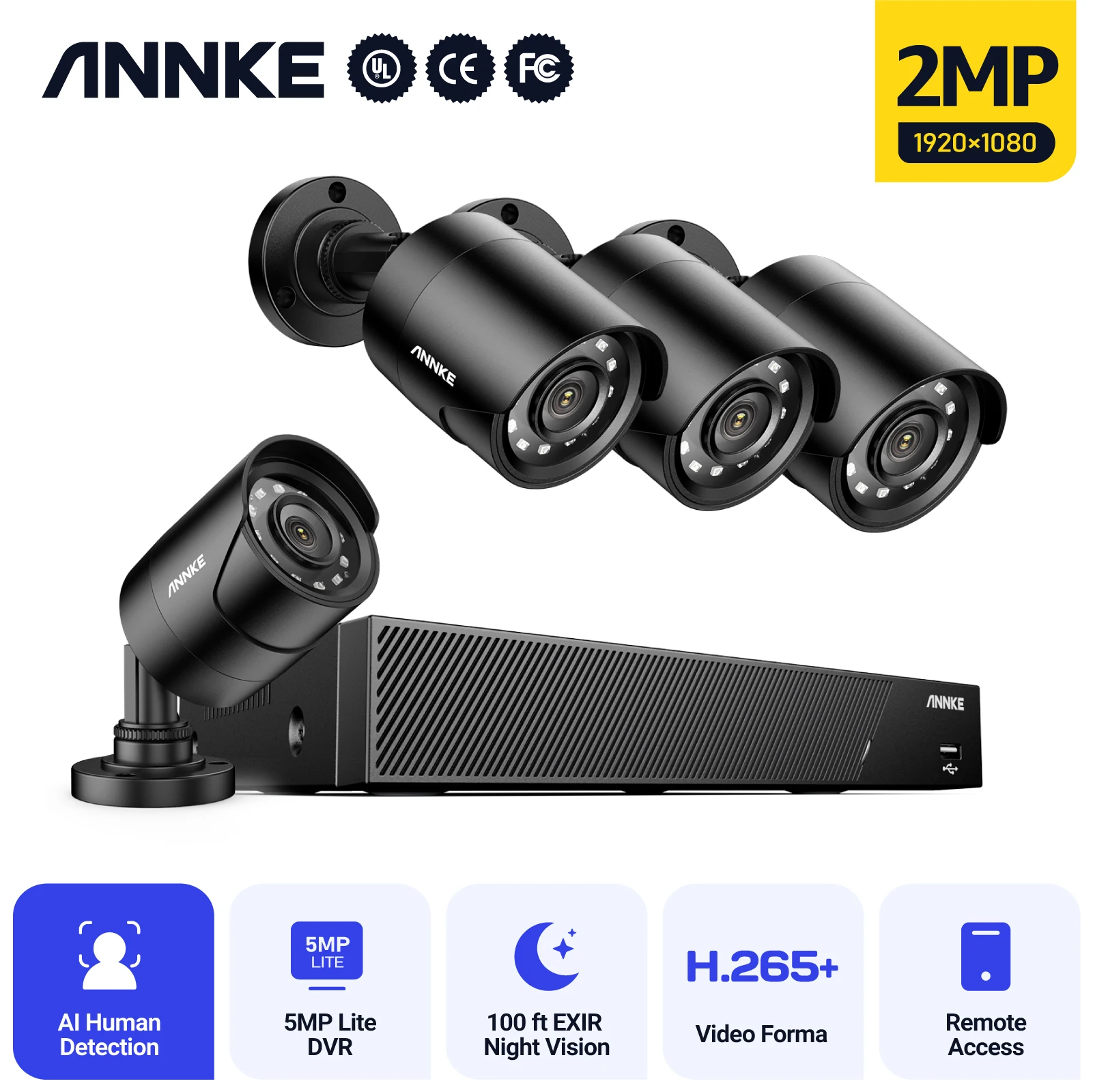 ANNKE 8CH 2MP HD Видео Система за Сигурност 5MP Lite H. 265 + DVR С 4 бр. Интелигентни IR Куршум при всякакви метеорологични условия Камера за Видеонаблюдение Комплект за Видеонаблюдение