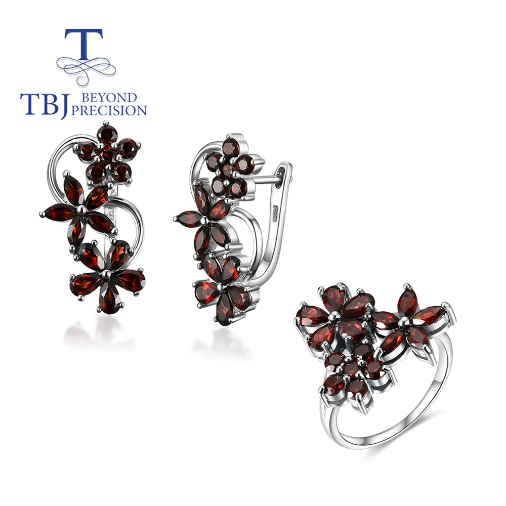TBJ, Нов Естествен гранат пръстен и обеци комплект бижута S925 сребро моден дизайн дамски ежедневни облекла бутик за бижута